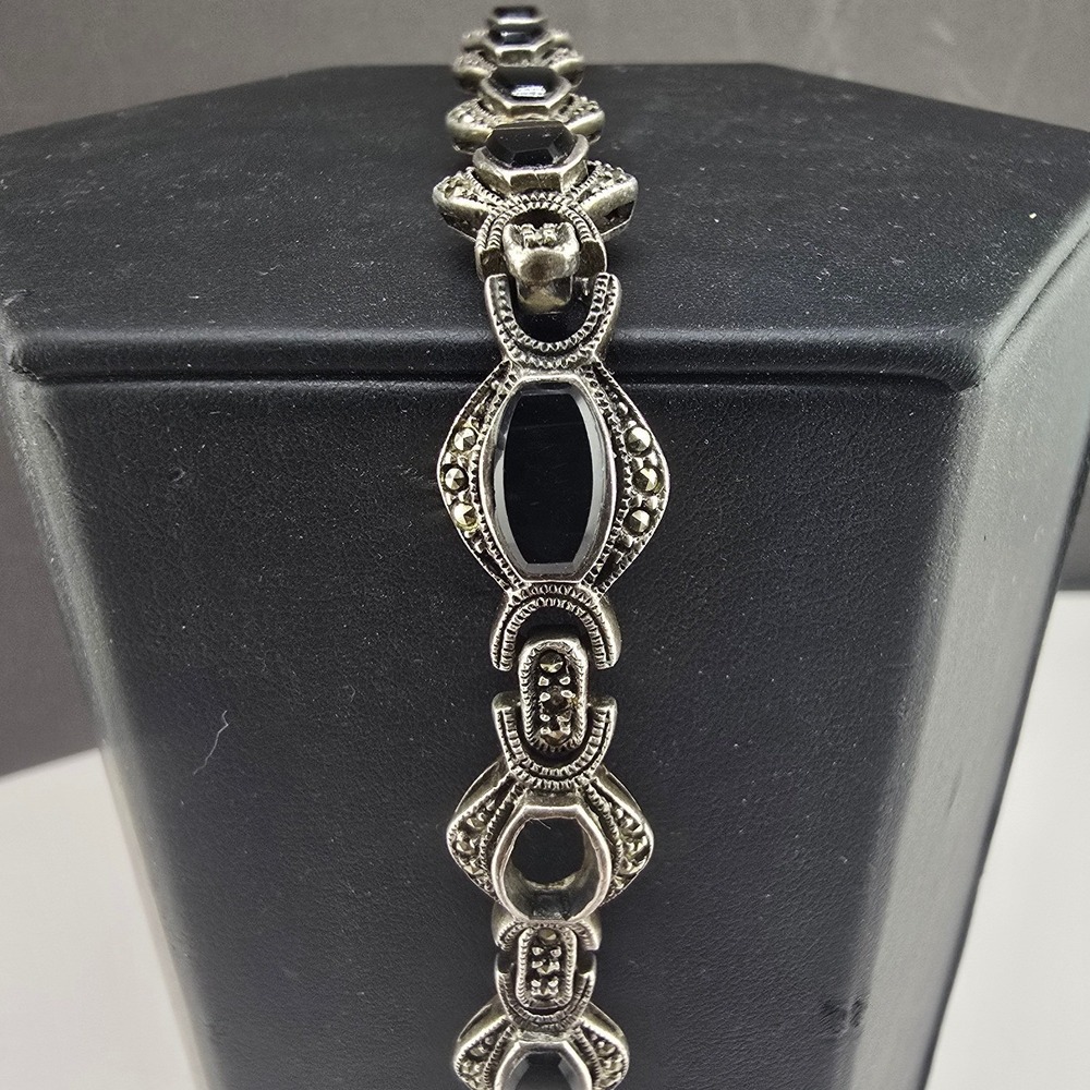 Vintage Estate Link Bracelet Sterling Silver Black Marcasite READ 7.5in